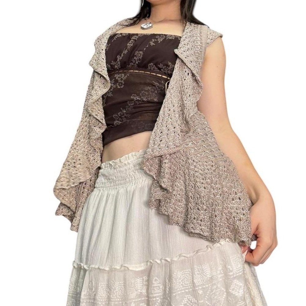 Earthy boho beige ruffle sleeveless cardigan